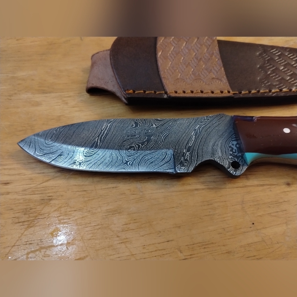 New Mens Damascus Steel Blade Knife with Leather Sheath - Picture 2 of 9